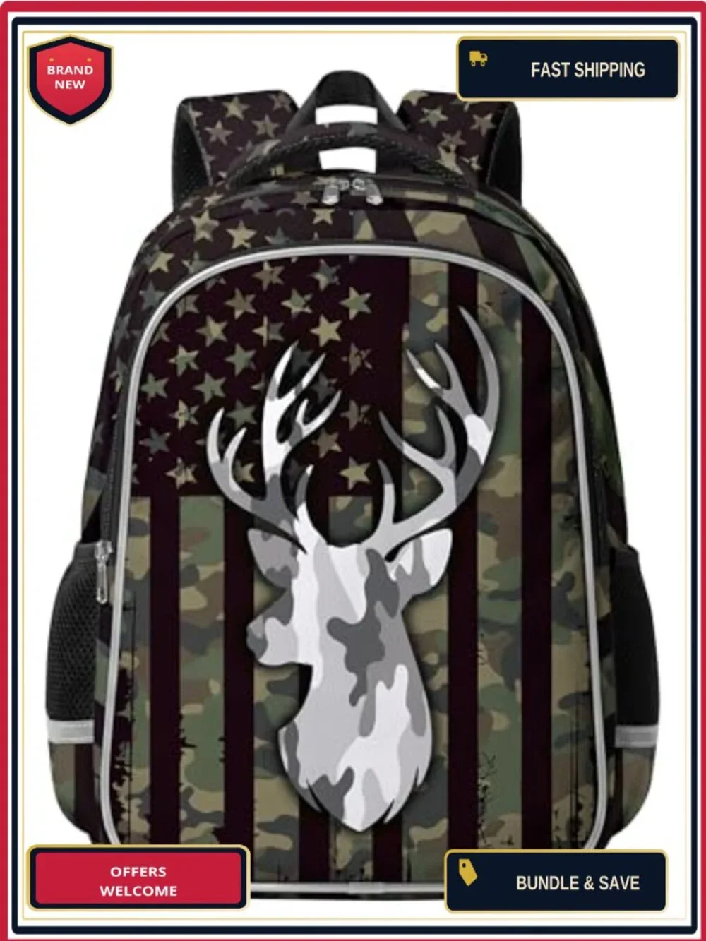 American Flag Camo Deer Boys Backpack Waterproof School Daypack Laptop Pocket